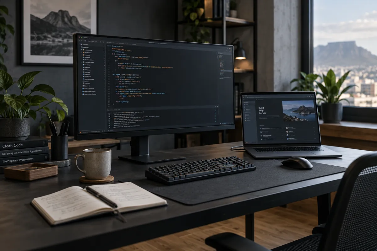 Illustrative development workspace with code on a monitor and laptop