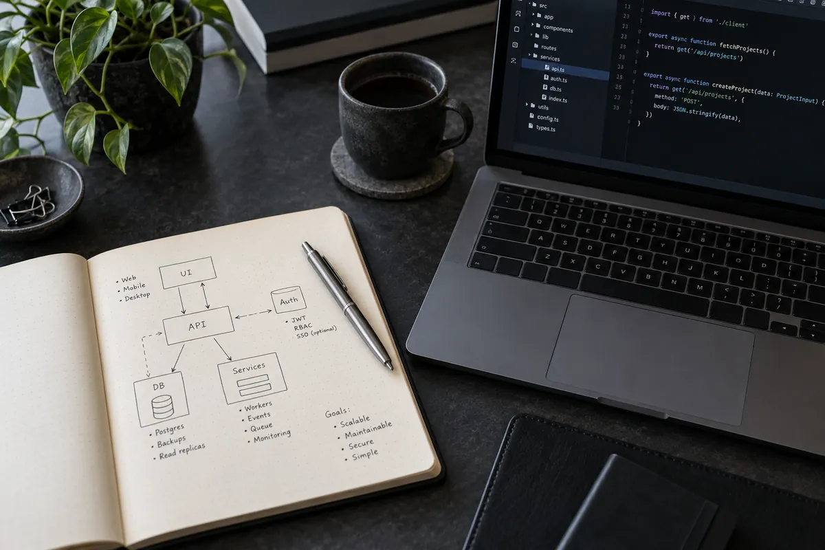 Illustrative software architecture sketch beside a laptop with a code editor